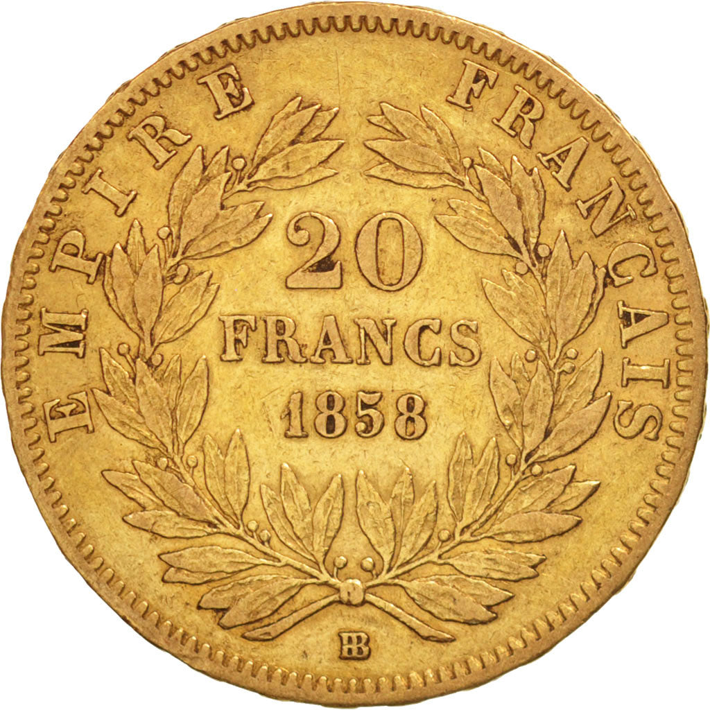 France, Napoleon III, 20 Francs, 1858, Strasbourg,EF(40-45),KM 781.2,Gadoury1061