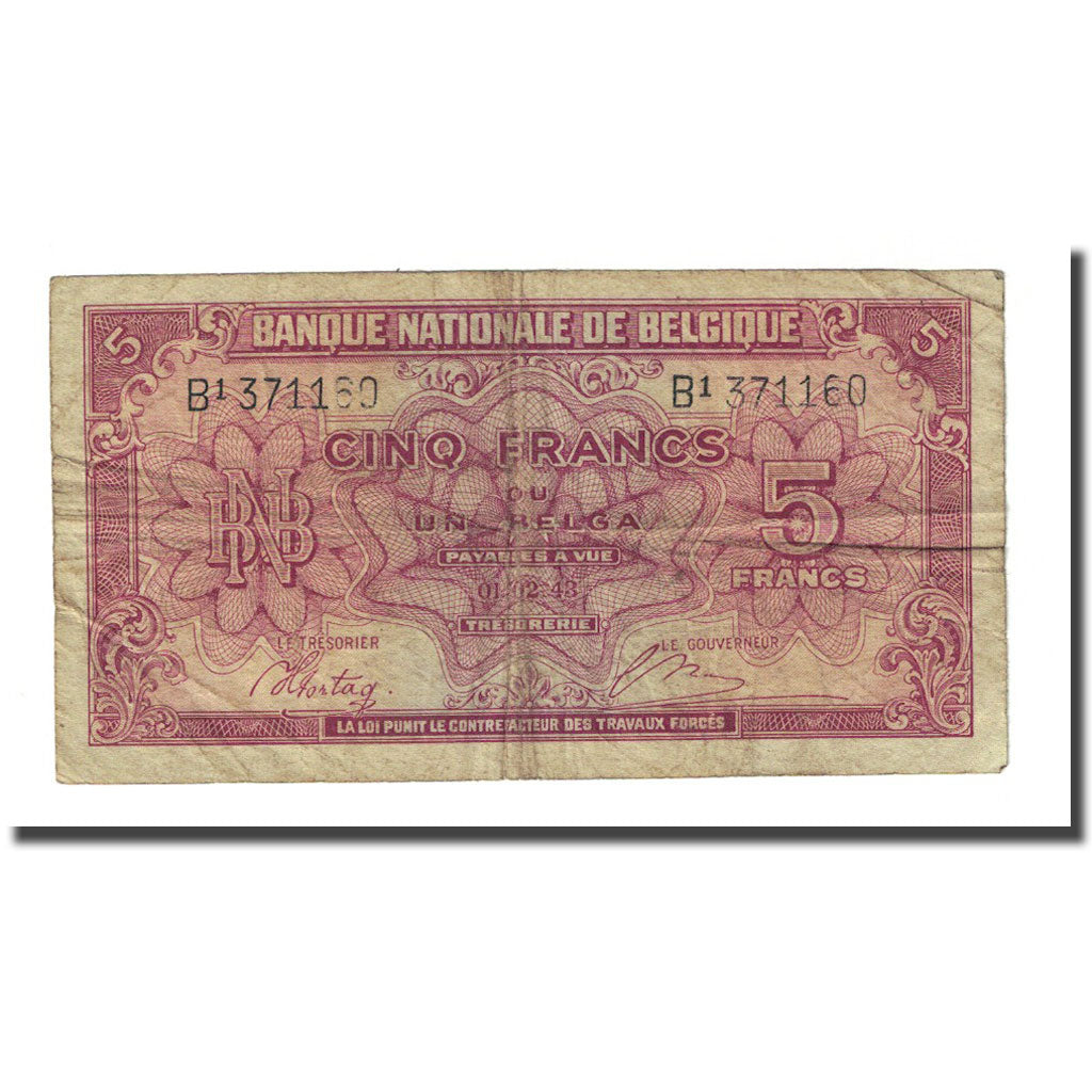 Banknote, Belgium, 5 Francs-1 Belga, 1943-02-01, KM:121, F(12-15)