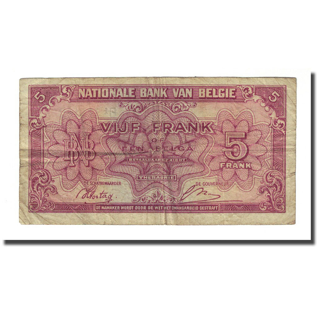 Banknote, Belgium, 5 Francs-1 Belga, 1943-02-01, KM:121, F(12-15)