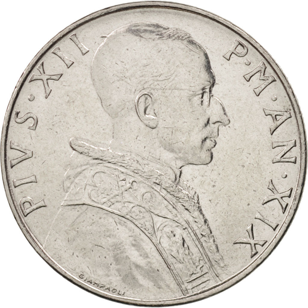VATICAN CITY, Pius XII, 50 Lire, 1957, MS(63), Stainless Steel, KM:54.1
