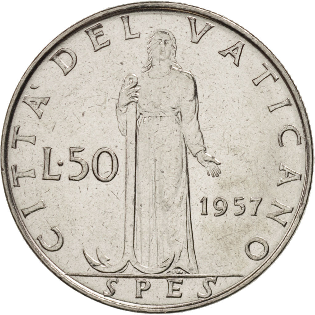 VATICAN CITY, Pius XII, 50 Lire, 1957, MS(63), Stainless Steel, KM:54.1