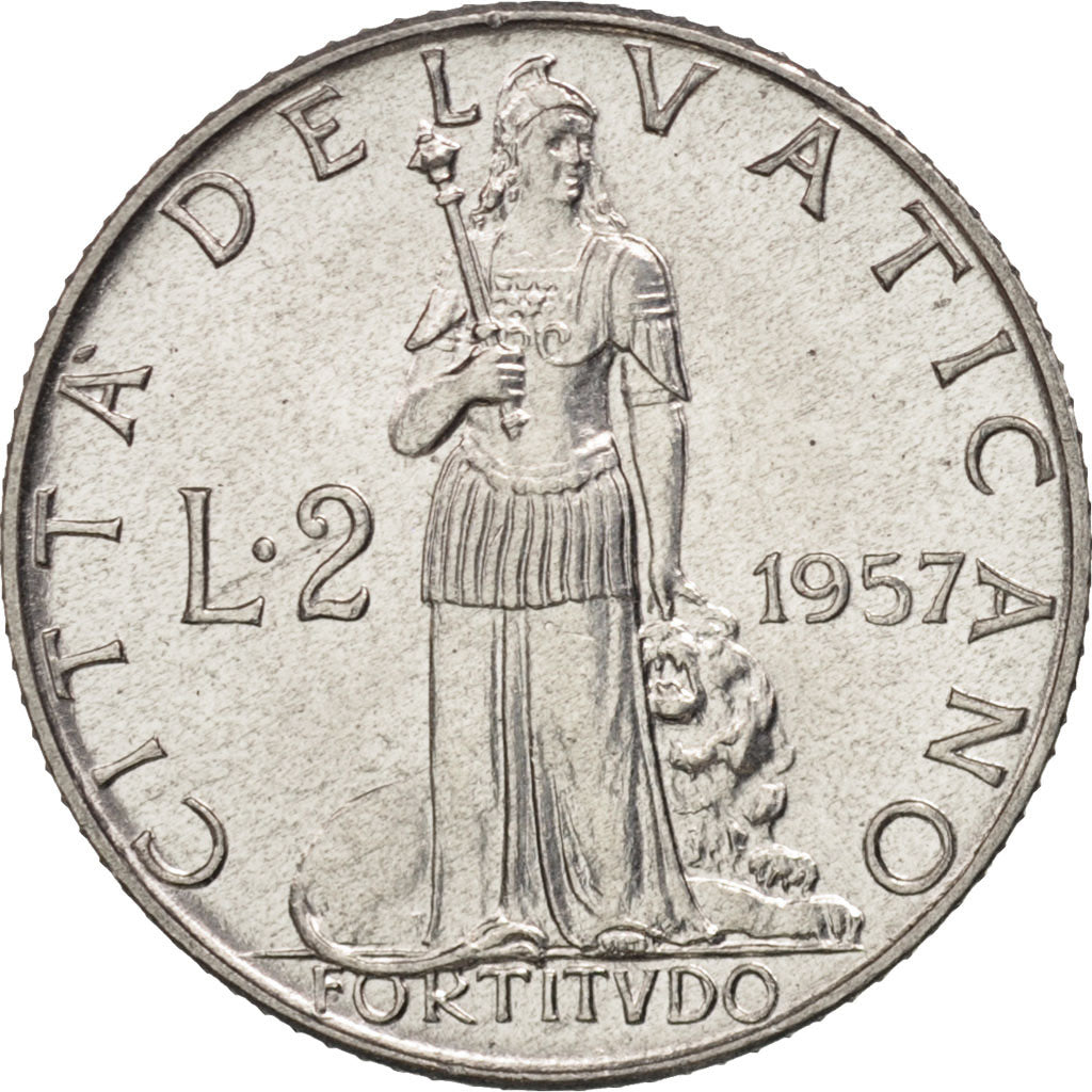 VATICAN CITY, Pius XII, 2 Lire, 1957, MS(63), Aluminum, KM:50