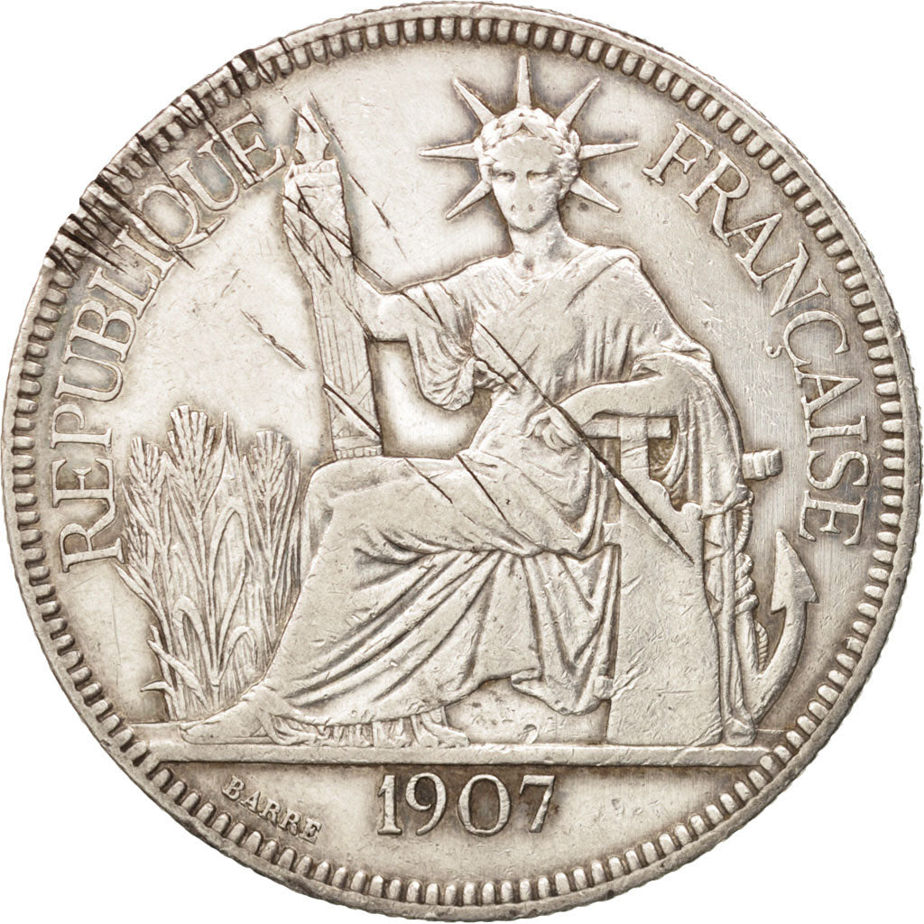 FRENCH INDO-CHINA, Piastre, 1907, Paris, VF(30-35), Silver, KM:5a.1, Lecompte290