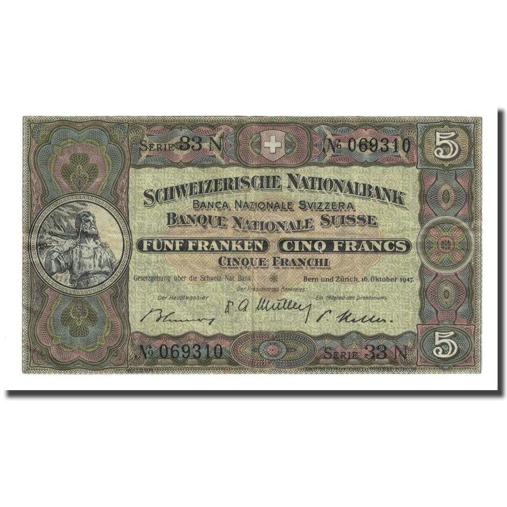 Banknote, Switzerland, 5 Franken, 1947-10-16, KM:11m, AU(50-53)