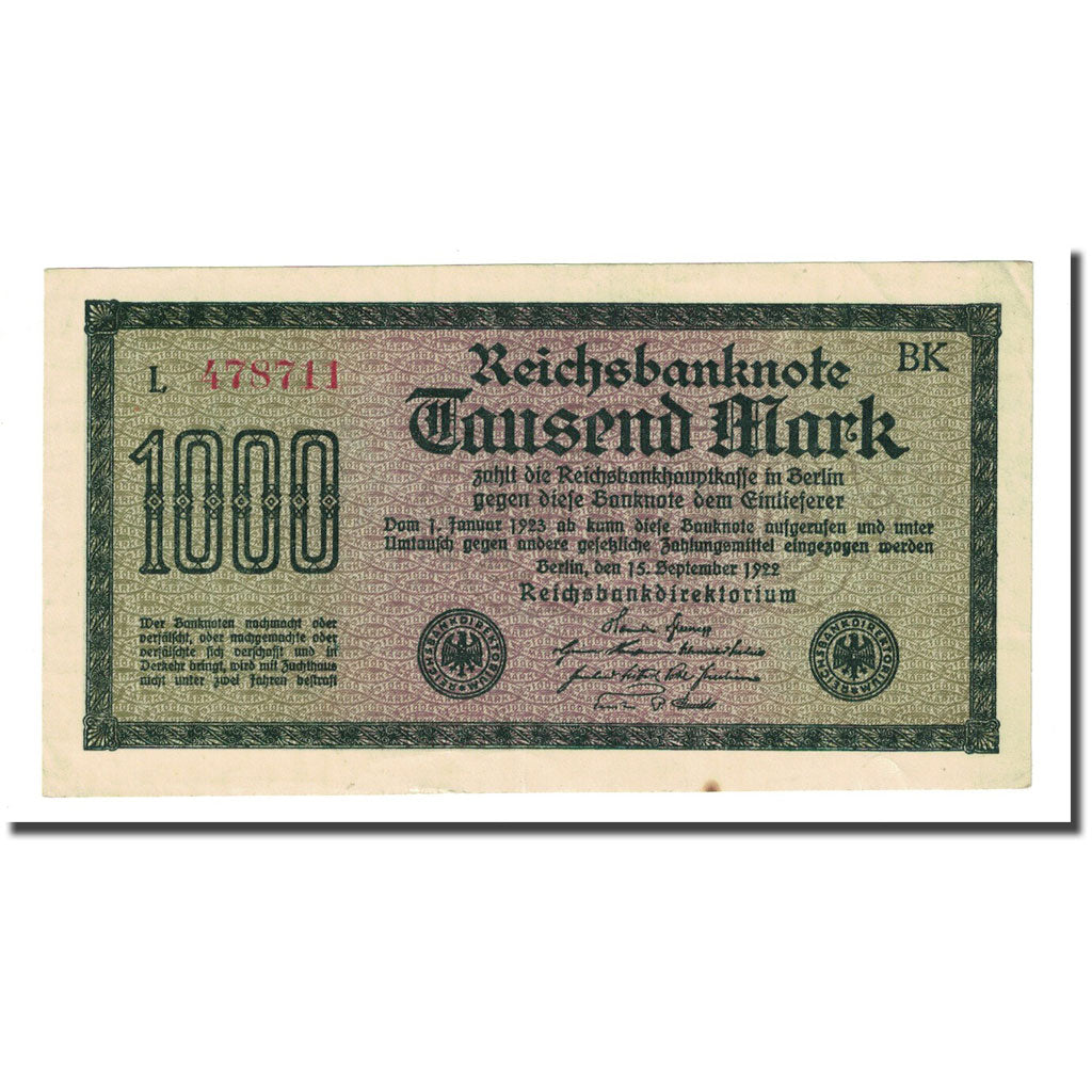 Banknote, Germany, 1000 Mark, 1922-09-15, KM:76c, AU(50-53)