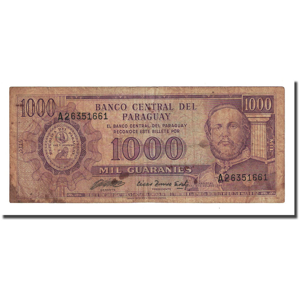 Banknote, Paraguay, 1000 Guaranies, L1952, KM:207, VF(20-25)