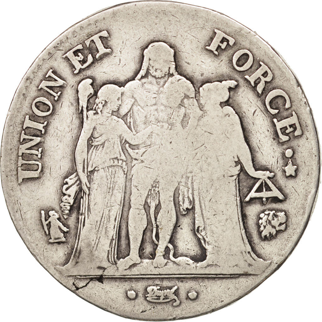 France, Union et Force, 5 Francs, 1798, Bayonne, F(12-15), Silver, KM:639.6