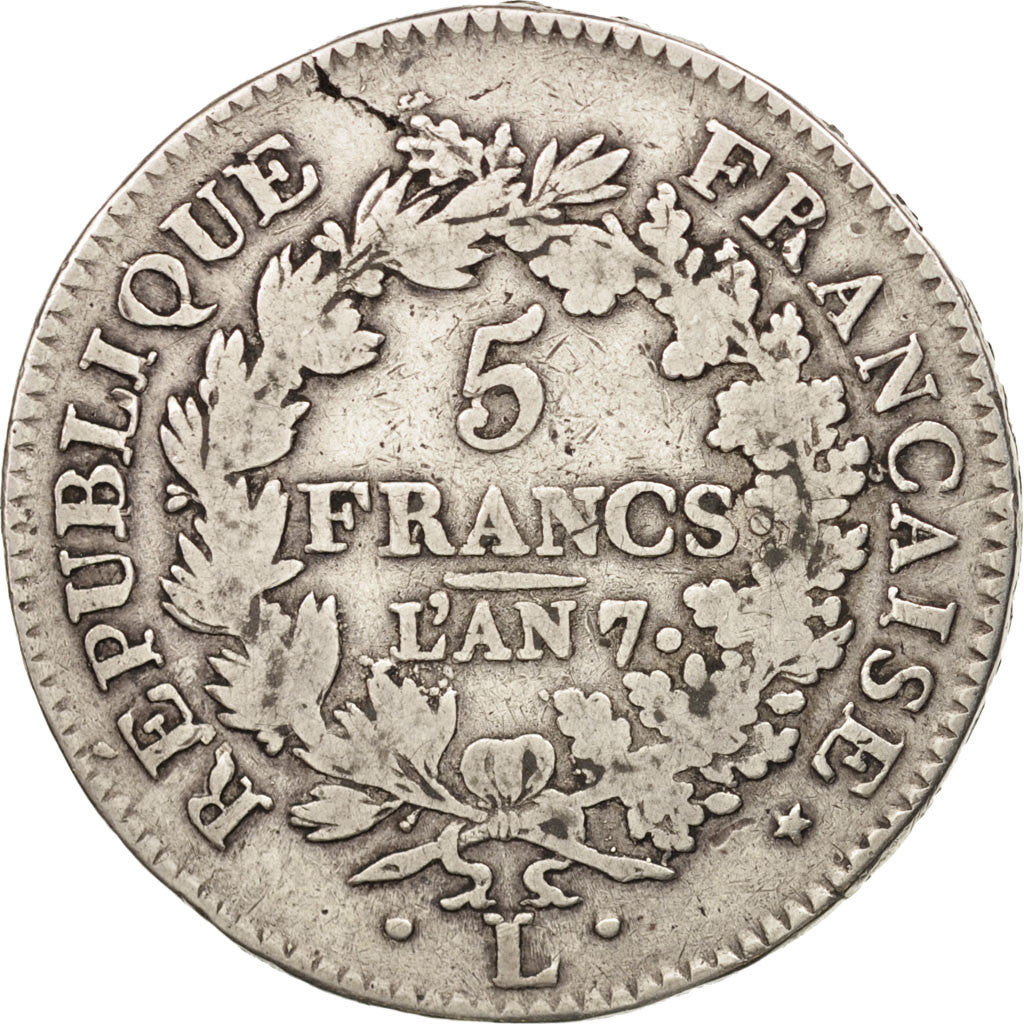 France, Union et Force, 5 Francs, 1798, Bayonne, F(12-15), Silver, KM:639.6