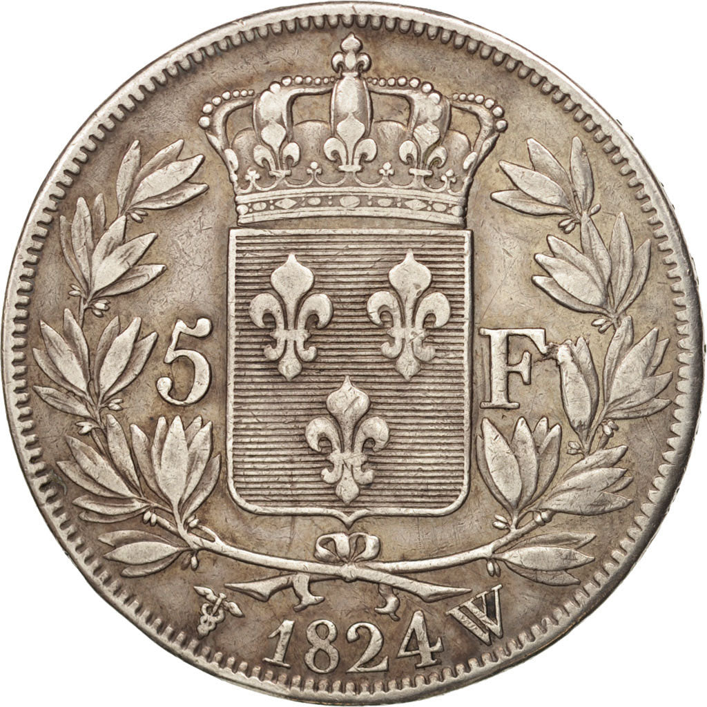 France, Louis XVIII, 5 Francs, 1824, Lille, EF(40-45),Silver,KM711.13,Gadoury614