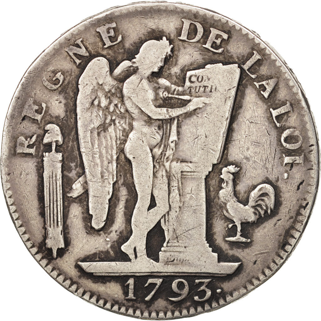 France, Écu de 6 livres François, 1793, Lyon, F(12-15),Silver,KM 615.4,Gadoury58