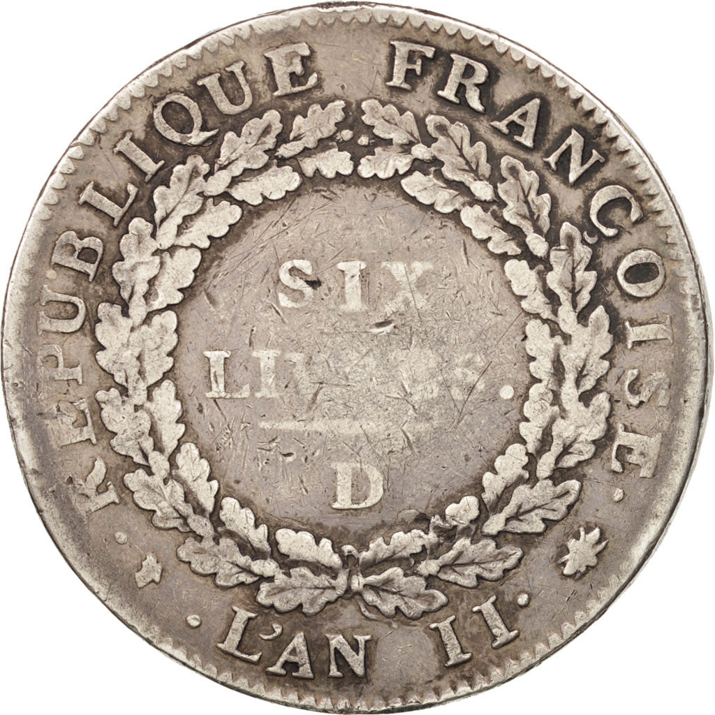 France, Écu de 6 livres François, 1793, Lyon, F(12-15),Silver,KM 615.4,Gadoury58