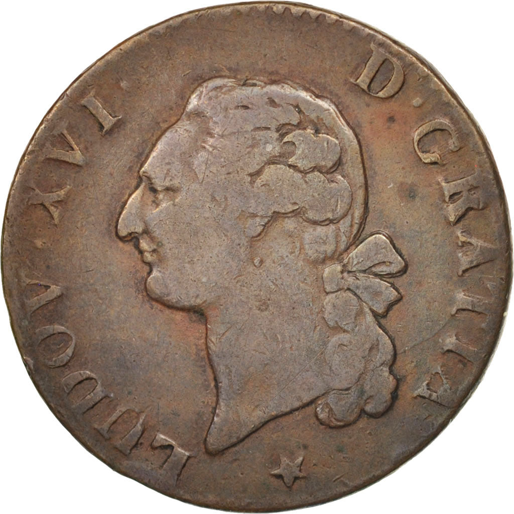 France, Louis XVI, Sol, 1789, Lille, VF(20-25), Copper, KM:578.16, Gadoury 350