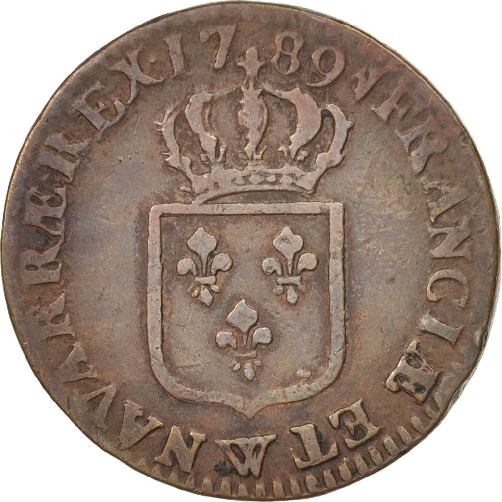 France, Louis XVI, Sol, 1789, Lille, VF(20-25), Copper, KM:578.16, Gadoury 350
