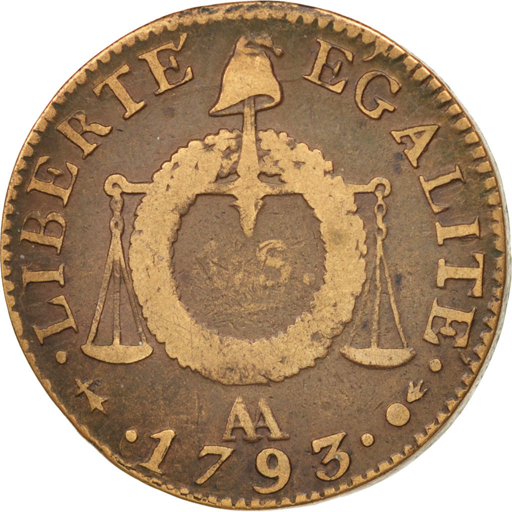 France, Sol aux balances françoise, 1793, Metz, F(12-15), Bronze, KM:619.2