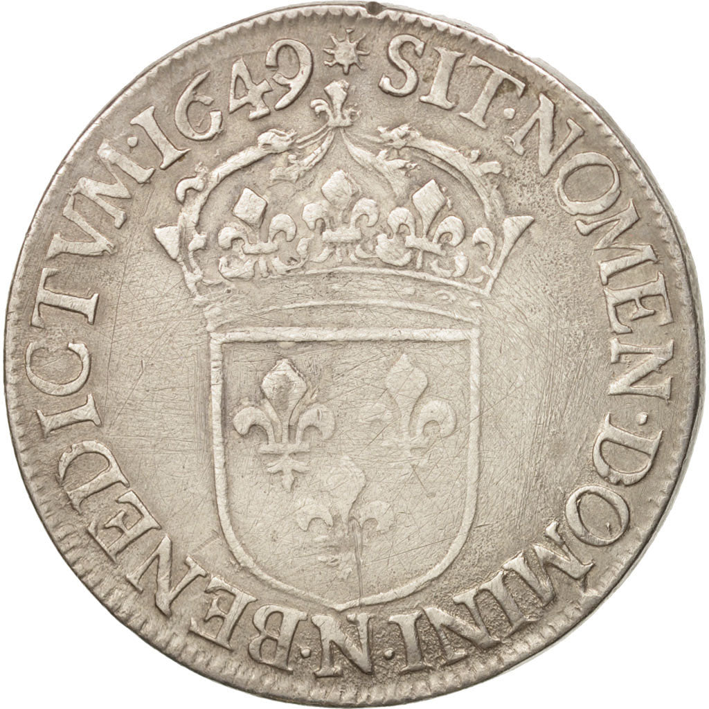 France, Louis XIV, Ecu, 1649, Montpellier, VF(30-35), Silver, Gadoury:202