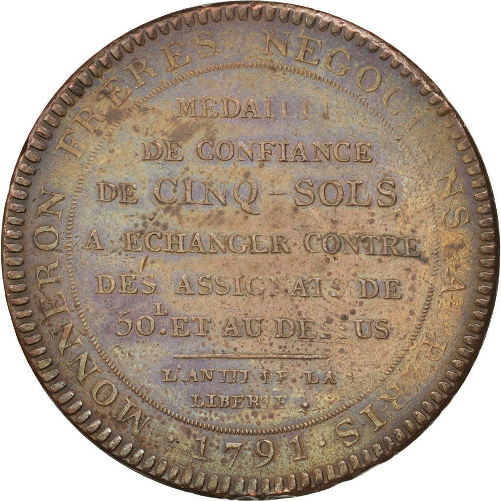 Francia, 5 Sols, 1791, Birmingham, BB+, Bronzo, KM:Tn29