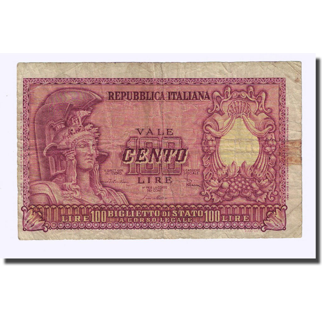 Banknote, Italy, 100 Lire, 1951-12-31, KM:92b, VG(8-10)
