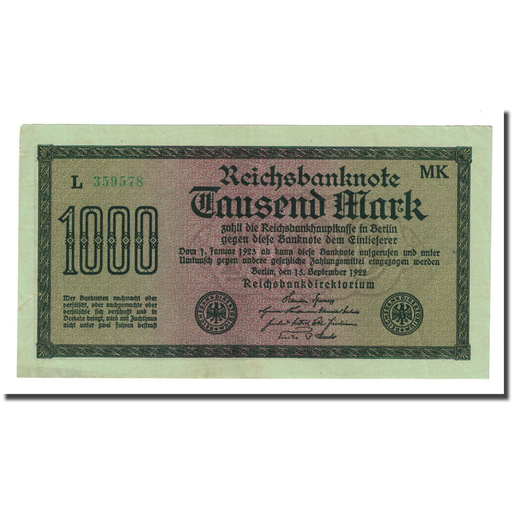Banknote, Germany, 1000 Mark, 1922-12-15, KM:76g, AU(55-58)
