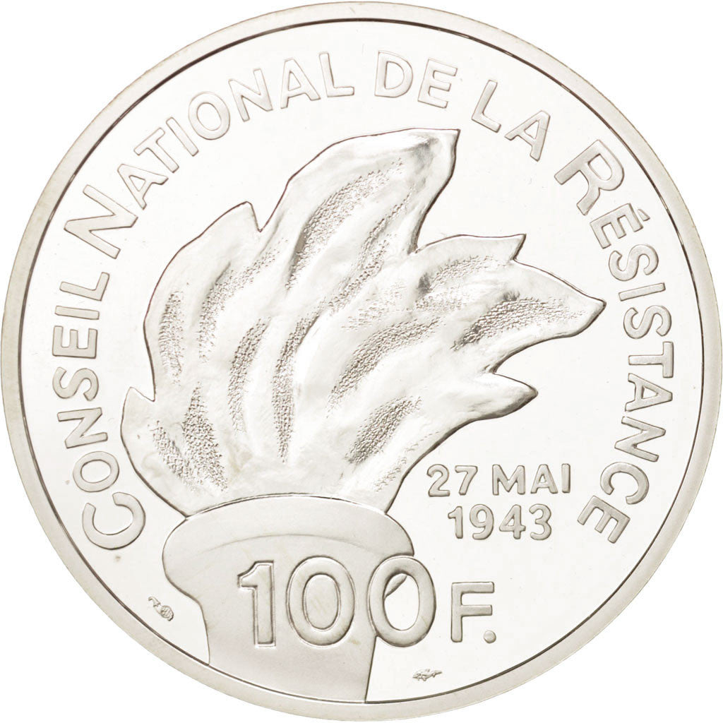 France, 100 Francs Jean Moulin, 1993, MS(65-70), Silver, KM:1023, Gadoury:C39
