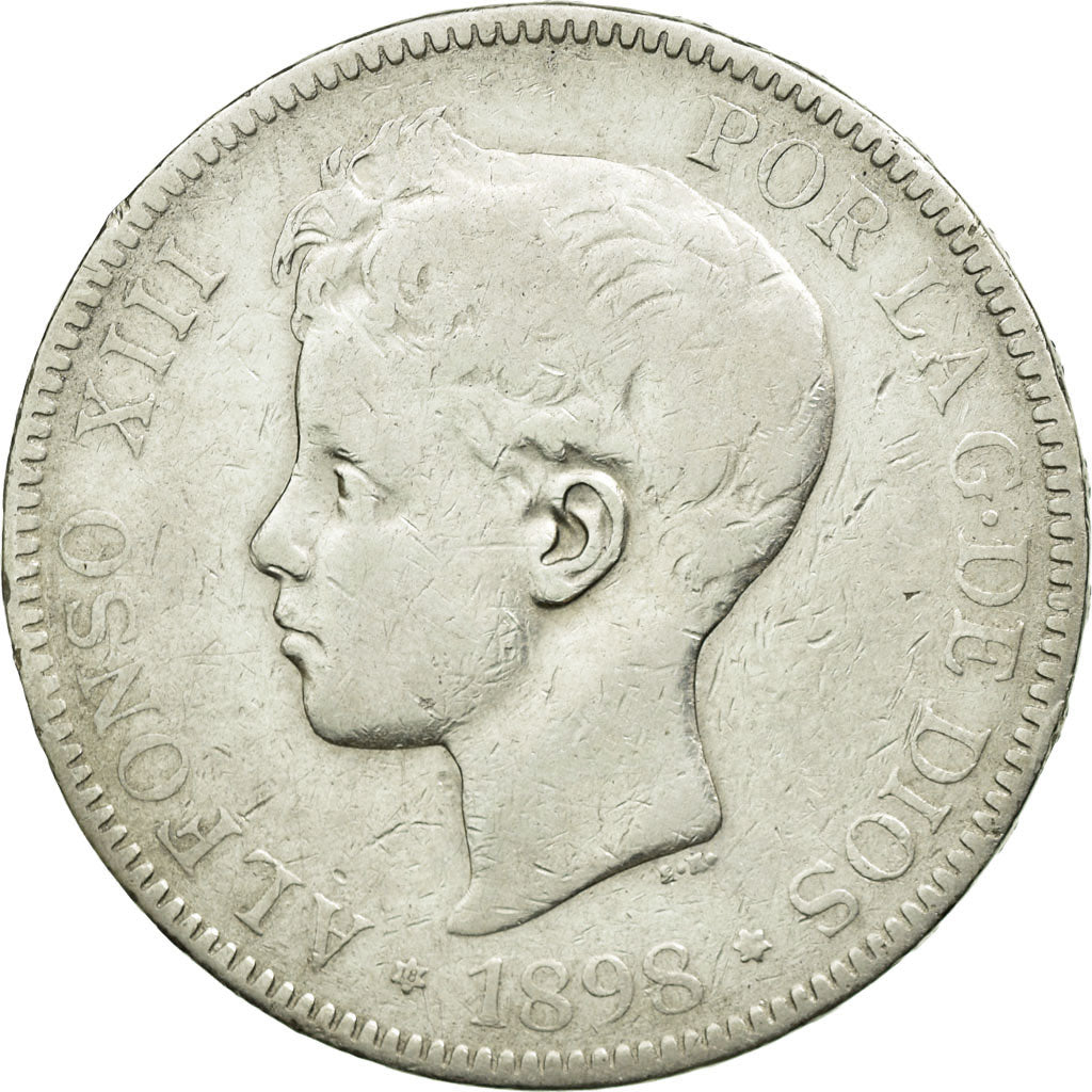 Moneda, España, Alfonso XIII, 5 Pesetas, 1898, Madrid, BC+, Plata, KM:707