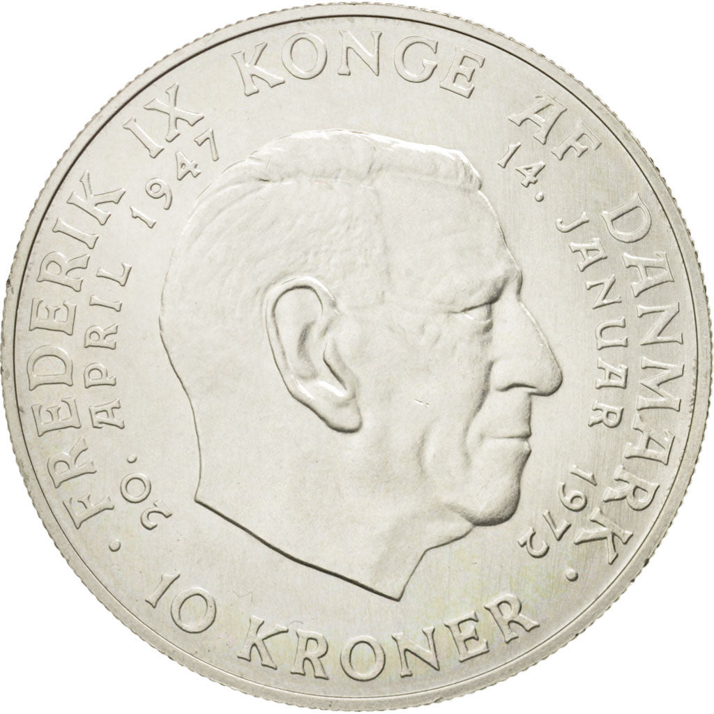 Denmark, Margrethe II, 10 Kroner, 1972, Copenhagen, AU(55-58), Silver, KM:858