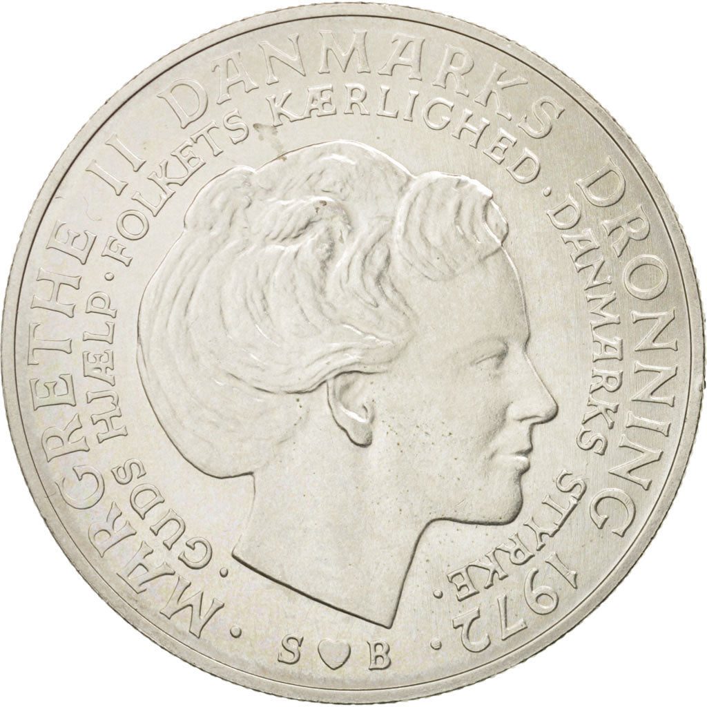 Denmark, Margrethe II, 10 Kroner, 1972, Copenhagen, AU(55-58), Silver, KM:858
