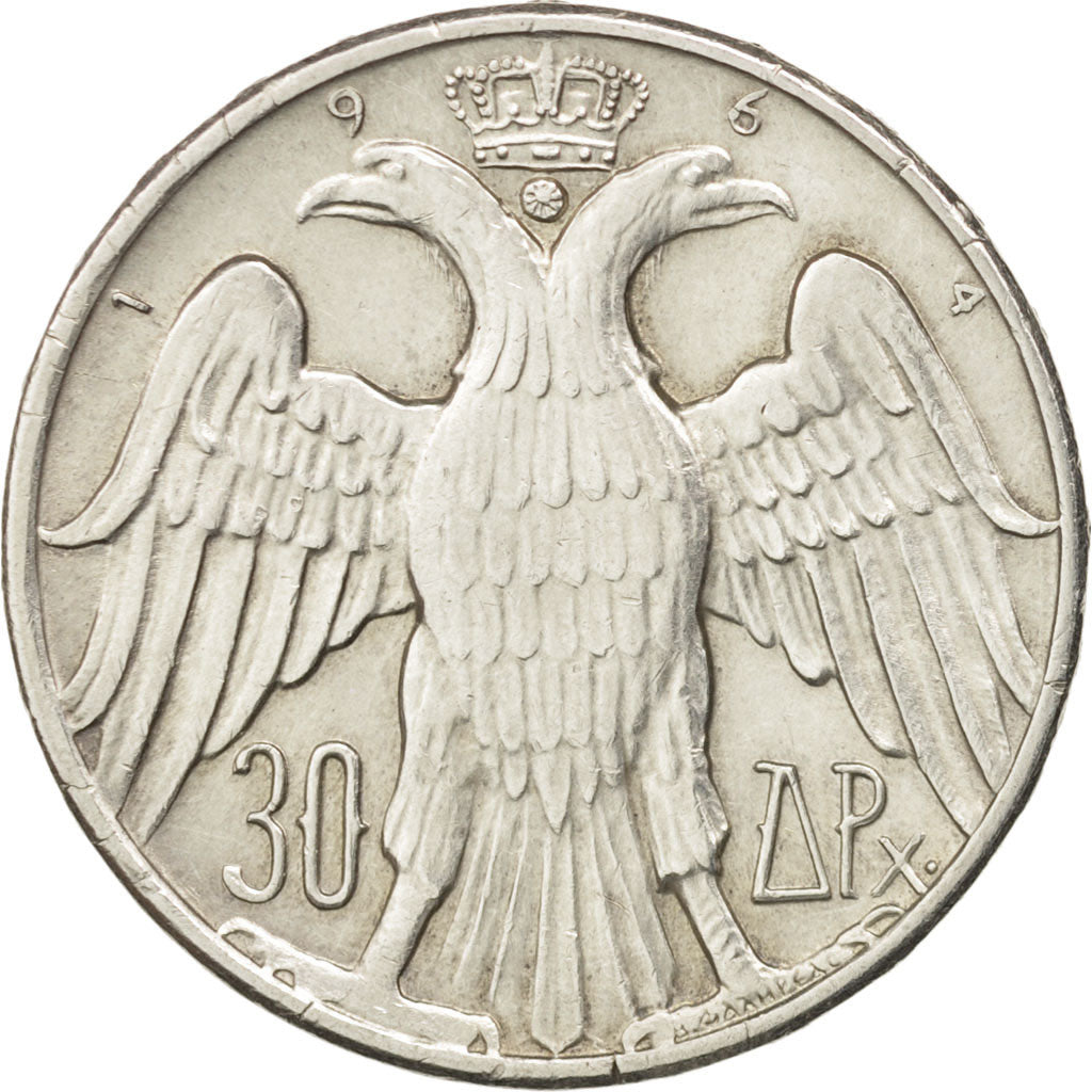 Greece, Constantine II, 30 Drachmai, 1964, Kongsberg, AU(50-53), Silver, KM:87