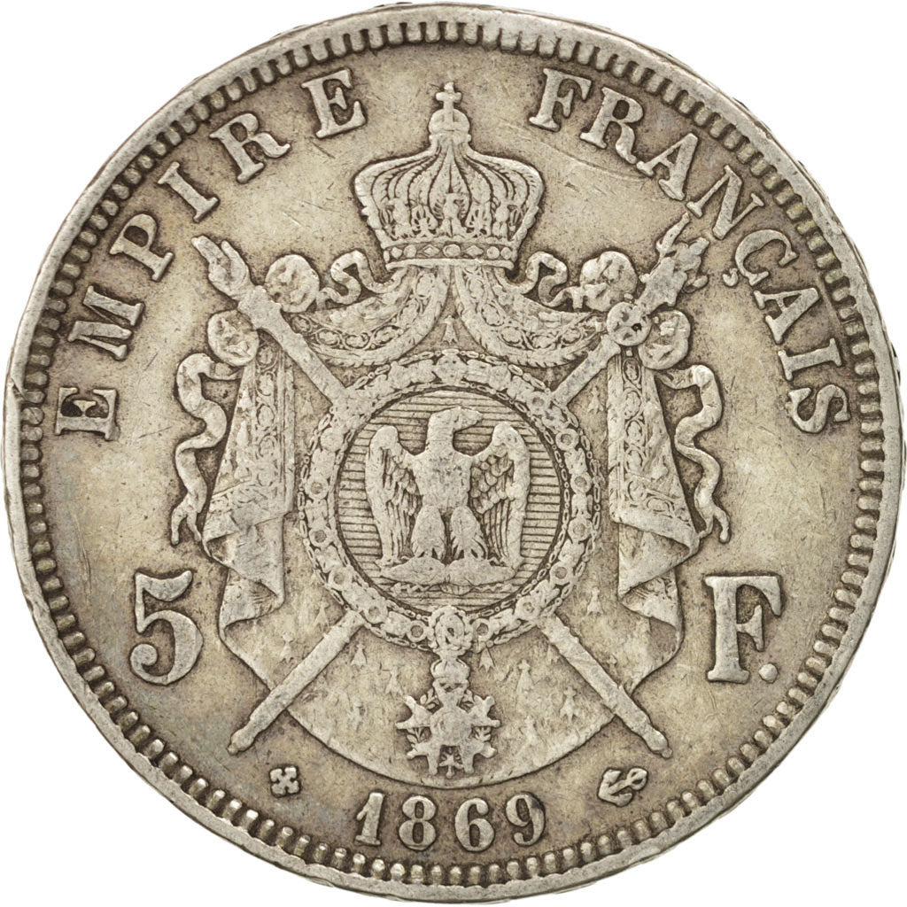 Moneta, Francia, Napoléon III, 5 Francs, 1869, Strasbourg, BB, Argento