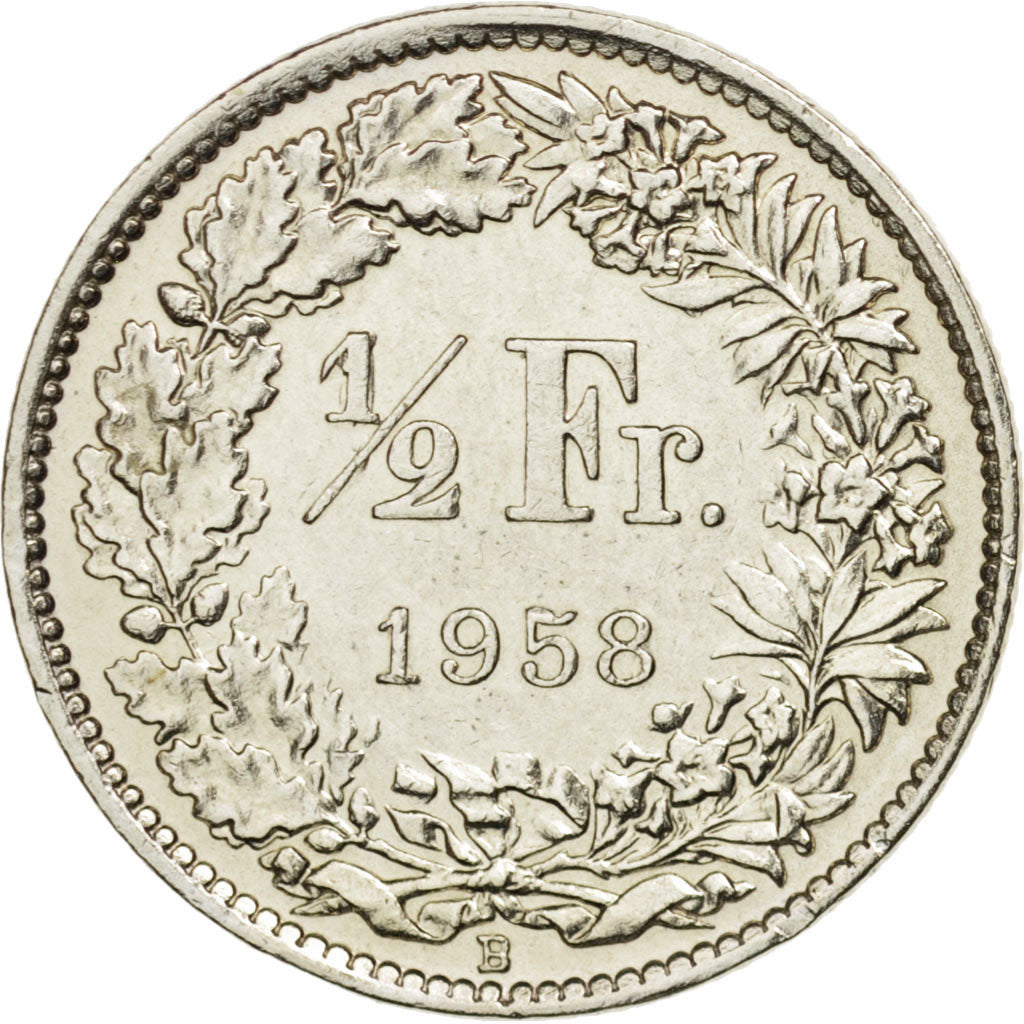 Switzerland, 1/2 Franc, 1958, Bern, AU(50-53), Silver, KM:23