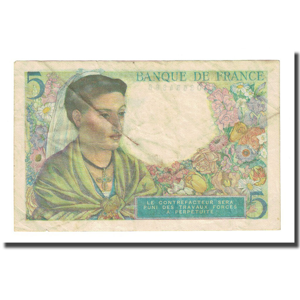 France, 5 Francs, Berger, 1943-11-25, VF(20-25), Fayette:5.4, KM:98a