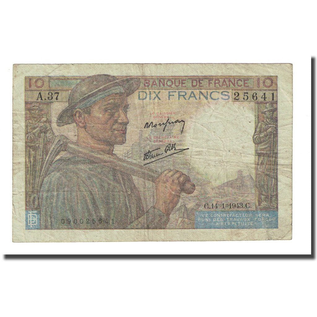 Francia, 10 Francs, Mineur, 1943-01-14, BC, Fayette:8.7, KM:99b