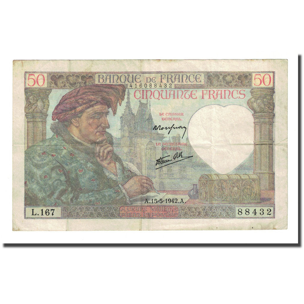 França, 50 Francs, Jacques Coeur, 1942-05-15, EF(40-45), Fayette:19.20, KM:93
