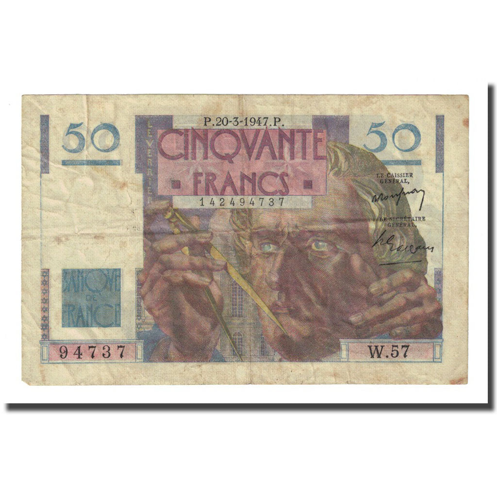 France, 50 Francs, Le Verrier, 1947-03-20, VF(20-25), Fayette:20.7, KM:127b