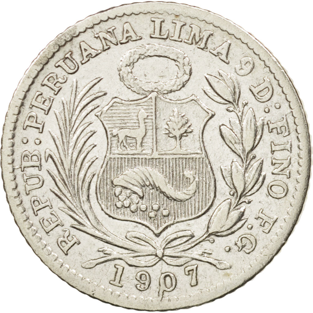 Peru, 1/2 Dinero, 1907, Lima, EF(40-45), Silver, KM:206.2