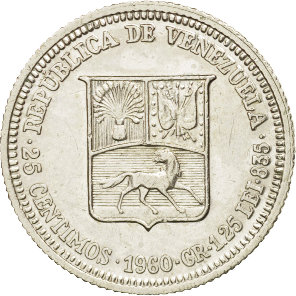 Venezuela, 25 Centimos, 1960, AU(55-58), Silver, KM:35a