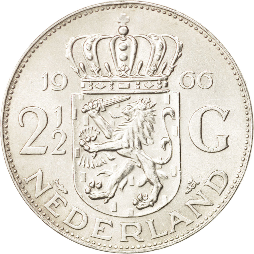 Netherlands, Juliana, 2-1/2 Gulden, 1966, AU(55-58), Silver, KM:185