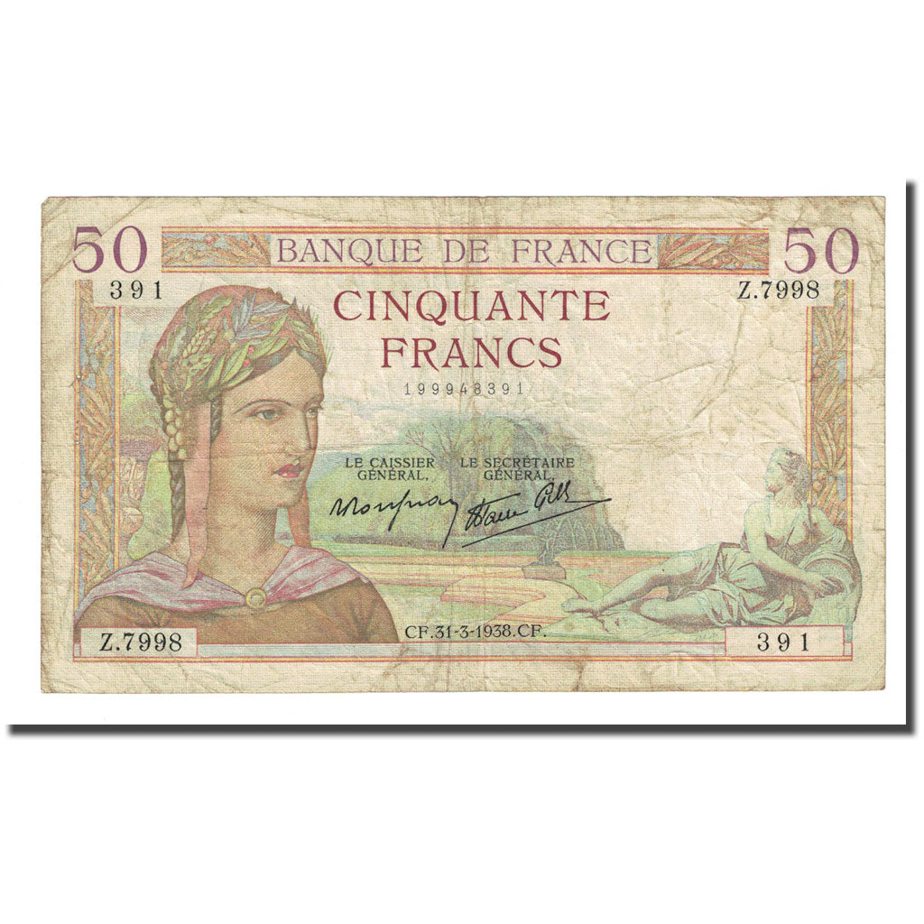France, 50 Francs, Cérès, 1938-03-31, VF(20-25), Fayette:18.11, KM:85b
