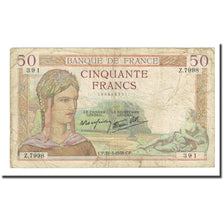 France, 50 Francs, Cérès, 1938-03-31, VF(20-25), Fayette:18.11, KM:85b