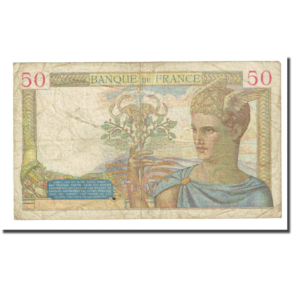 France, 50 Francs, Cérès, 1938-03-31, VF(20-25), Fayette:18.11, KM:85b