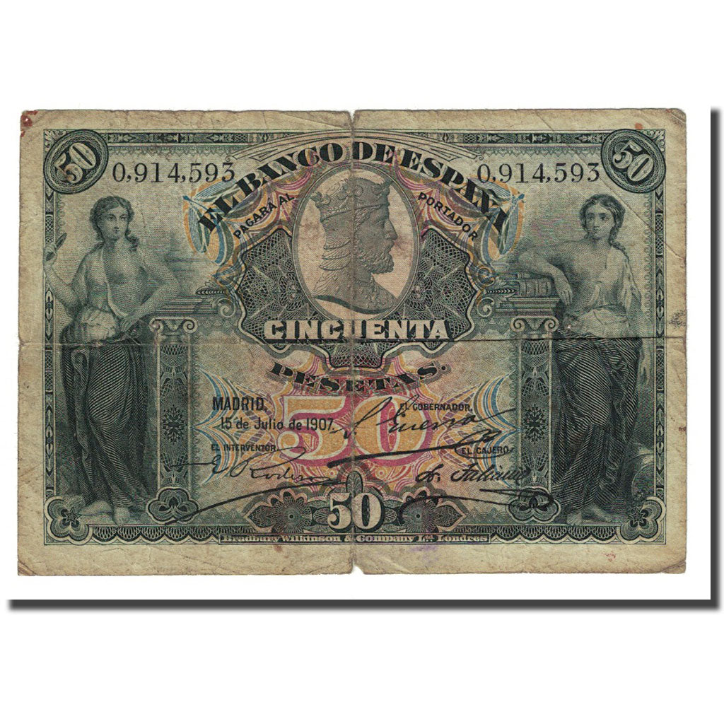 Banknote, Spain, 50 Pesetas, 1907-07-15, KM:63a, F(12-15)