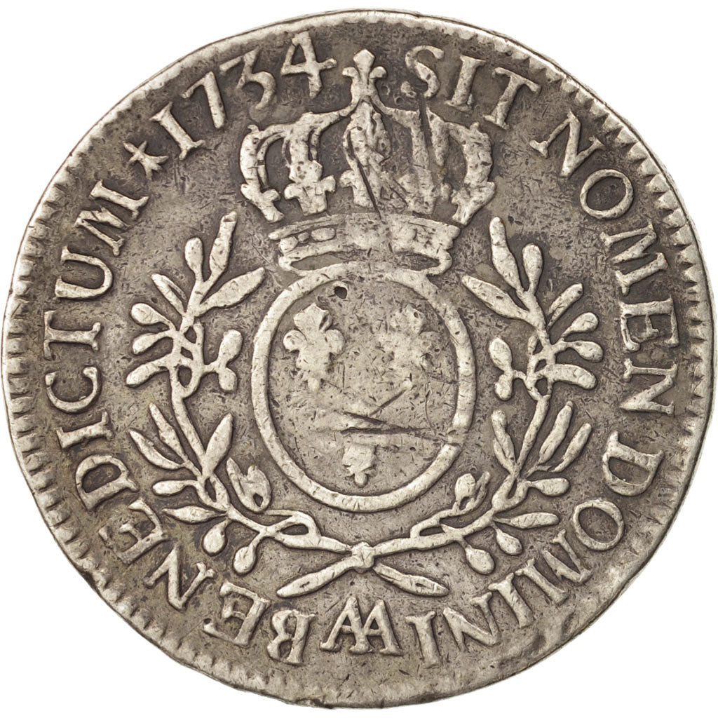 France, Louis XV, Écu aux branches d'olivier, 1734, Metz,F(12-15),Silver,KM486.2