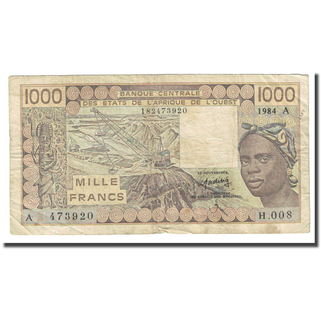 Banknote, West African States, 1000 Francs, 1984, KM:207Bc, VF(20-25)