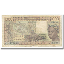 Banknote, West African States, 1000 Francs, 1984, KM:207Bc, VF(20-25)