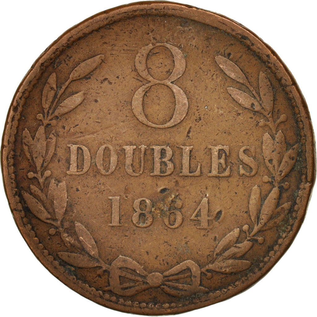 Guernsey, 8 Doubles, 1864, Heaton, Birmingham, VF(20-25), Bronze, KM:7