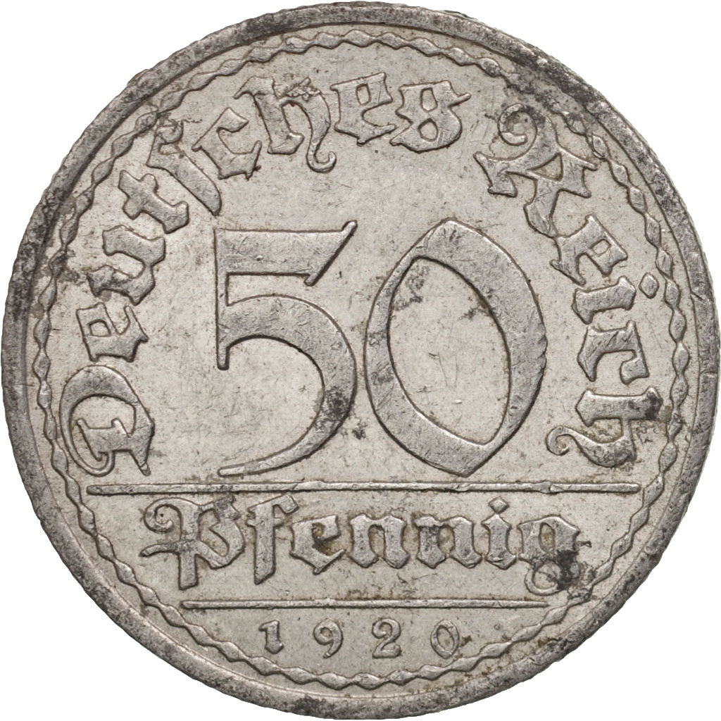 GERMANY, WEIMAR REPUBLIC, 50 Pfennig, 1920, Berlin, AU(55-58), Aluminum, KM:27