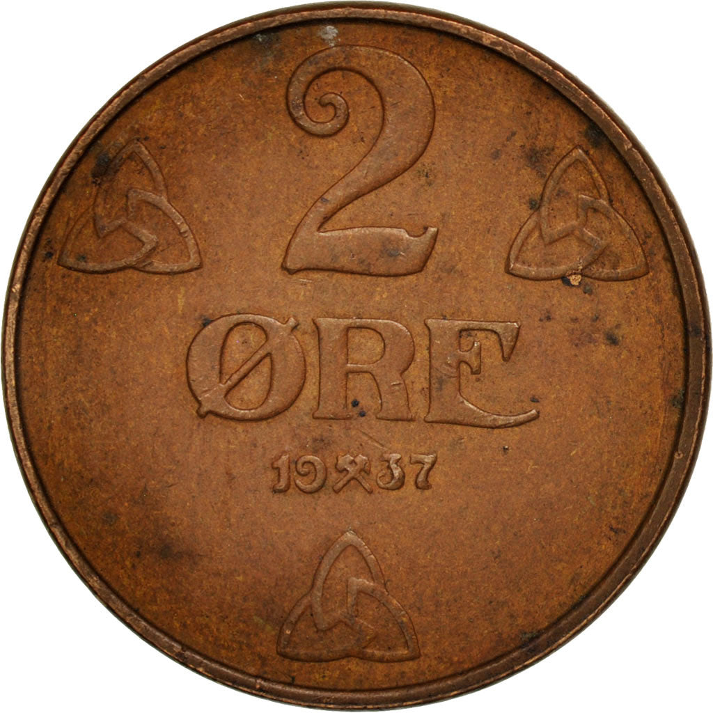 Norway, Haakon VII, 2 Öre, 1937, EF(40-45), Bronze, KM:371