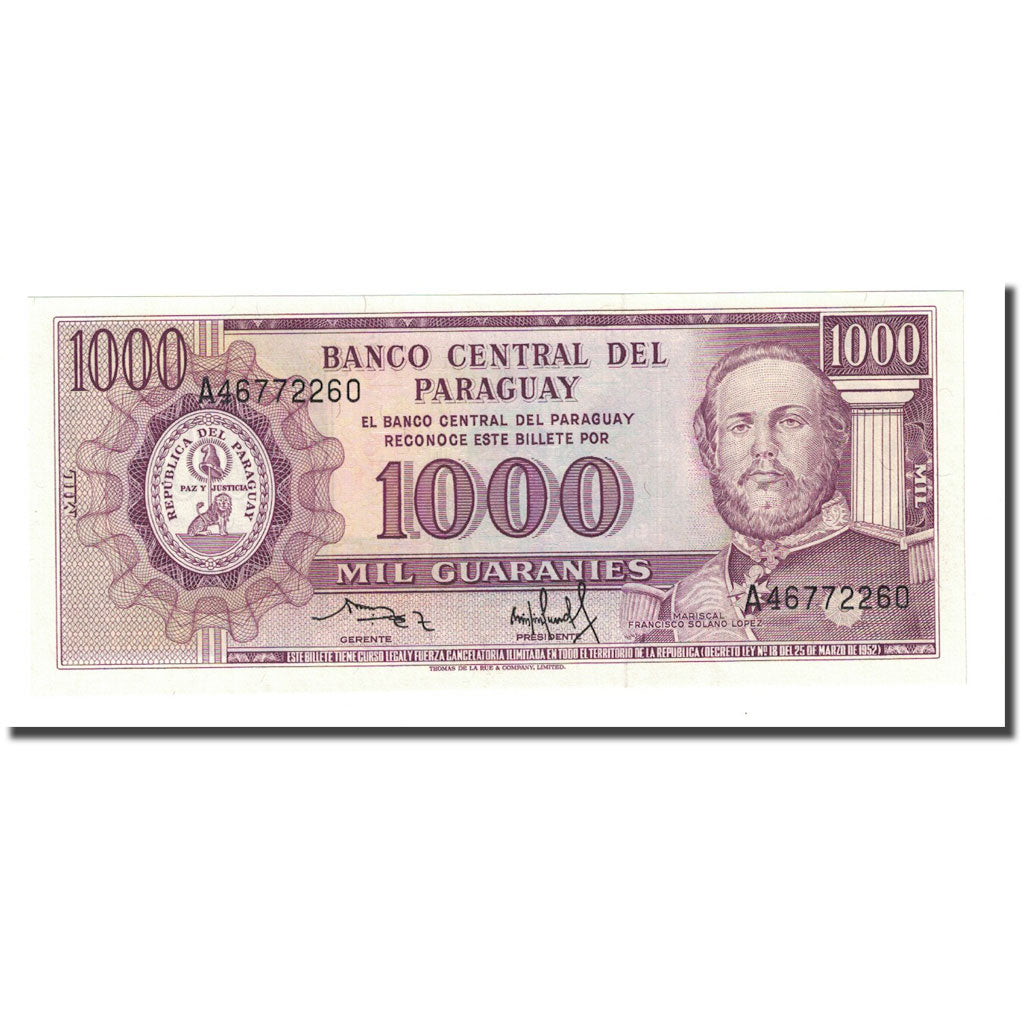 Banknote, Paraguay, 1000 Guaranies, L1952, Undated (1982), KM:207, UNC(65-70)