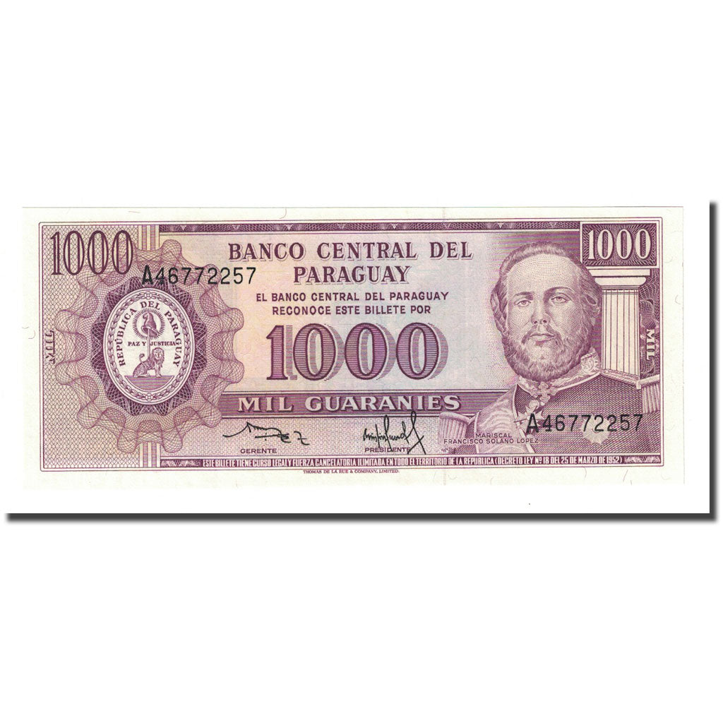 Banknote, Paraguay, 1000 Guaranies, L1952, Undated (1982), KM:207, UNC(65-70)
