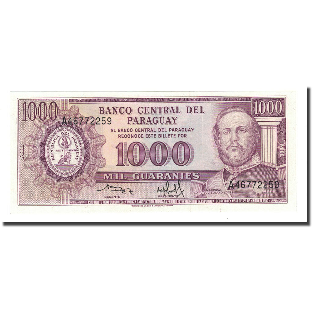 Banknote, Paraguay, 1000 Guaranies, L1952, Undated (1982), KM:207, UNC(65-70)