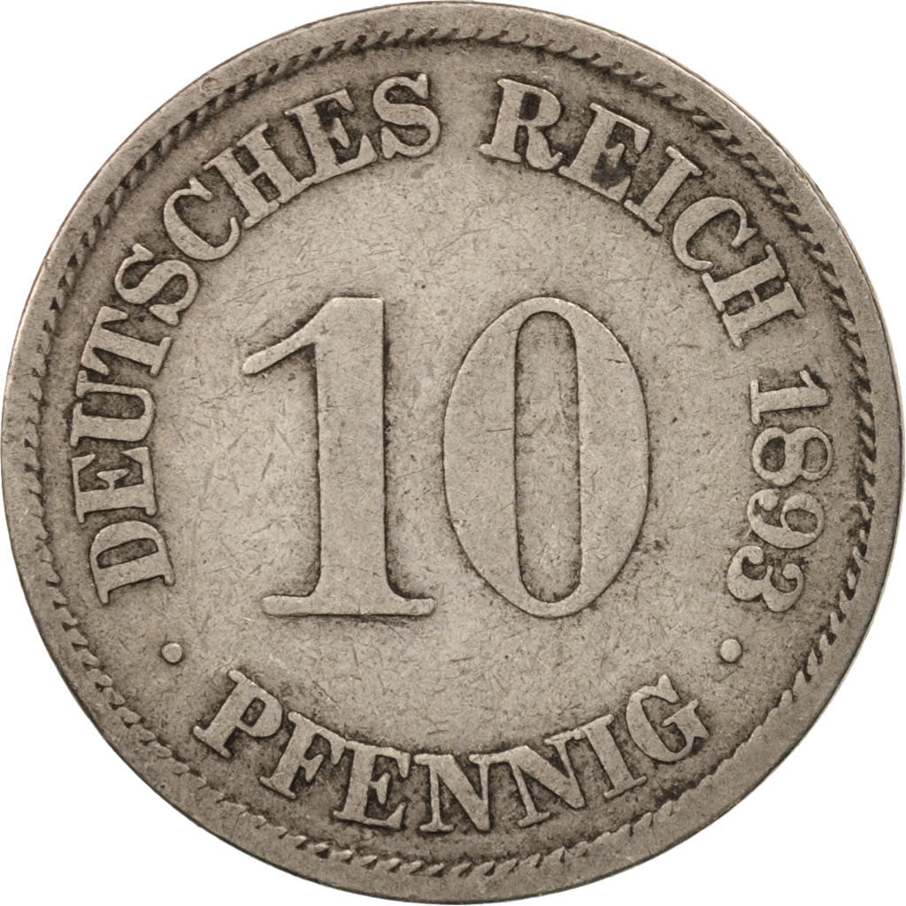 GERMANY - EMPIRE, Wilhelm II, 10 Pfennig, 1893, EF(40-45), Copper-nickel, KM:12